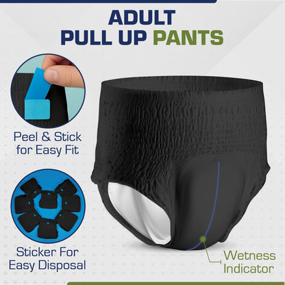 12 x Black Pull Up Pants Women & Men | Super Pull Up Pants | Adult Nappies | High Absorption and Soft-Stretch Waistband | Size S, M, L, XL | (1 Pack of 12)