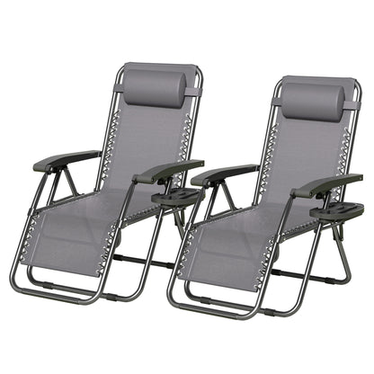 2pcs Zero Gravity Chairs, Fabric Foldable Patio Chairs Outdoor, Lounge Camping Chairs with Padded Pillow, Armrest, Footrest and Cup Holder - Textilene Fabric