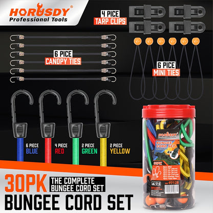 HORUSDY Bungee Cords With Hooks | 30-Piece | Includes 25.4cm, 45.72cm, 60.96cm, 81.28cm, 101.6cm Bungee Cords | 20.32cm Tarpaulin Bungee Balls | Tarp Clips