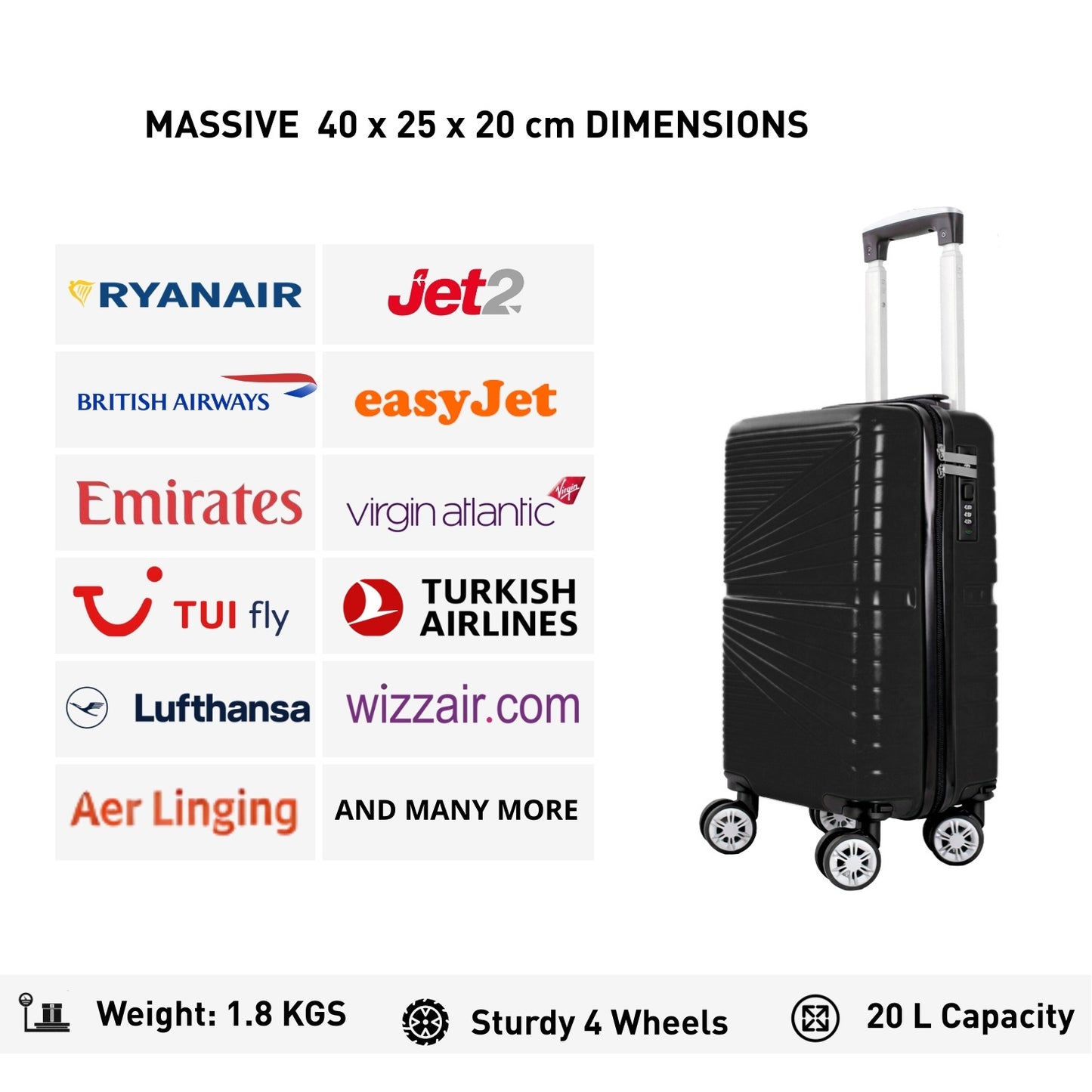 1611 RYANAIR UNDERSEAT CABIN TROLLEY CASE 40 X 25 X 20 CM DETACHABLE WHEELS