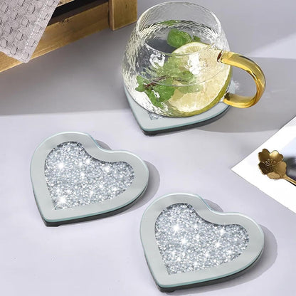 SERENA'S ® Set of 4 Heart Crystal Coasters – 10cm Glass Mirrored Drink Coasters with Glitter Crushed Diamond Design – Elegant Coasters for Home, Kitchen, Bar, or Table Decoration