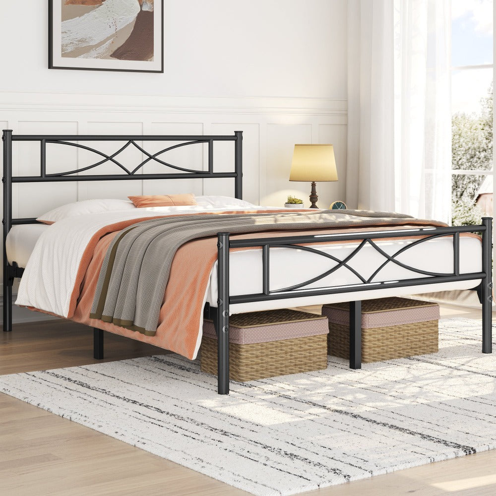 Curved Headboard Metal Bed Frame Platform Bed Vintage Style Built-in Steel Slats 32cm Underbed Storage No Box Spring Needed Single Double King Black White