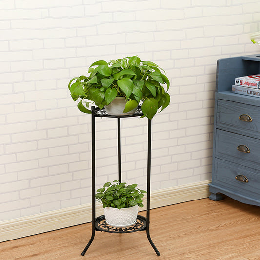 1PC Black Balcony Flowerpot Rack, 2-story Metal Plant Display Rack, Circular Display Base for Office and Living Room, Size 23*23*56cm