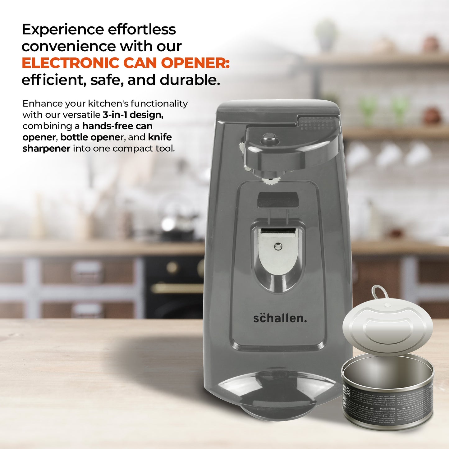 Schallen Electric Can Opener Automatic 3-in-1 Kitchen Appliance with Hands-Free Can Opening, Built-In Bottle Opener & Knife Sharpener | Electric Tin Opener for Easy Opening Cans, Jars, and Bottles | Hidden Power Cord Storage | Stainless Steel Durable Kitc