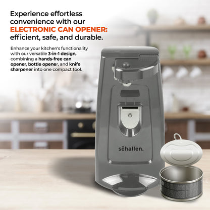 Schallen Electric Can Opener Automatic 3-in-1 Kitchen Appliance with Hands-Free Can Opening, Built-In Bottle Opener & Knife Sharpener | Electric Tin Opener for Easy Opening Cans, Jars, and Bottles | Hidden Power Cord Storage | Stainless Steel Durable Kitc