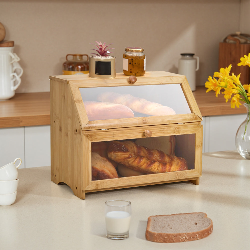 Bamboo Bread Bin with Transparent Window, 2-Layer, Bread Box Large Capacity Bread Storage for Kitchen, Kitchen Countertop Bread Box for Bread, Sushi, Pastries, Biscuits, Breakfast, Natural/ Black, 15.55*9.84*12.60 Inch