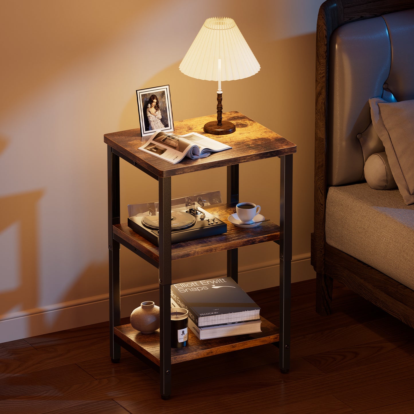 Bookshelf, Sofa Side Table Living Room, Industrial End Table With 3-Tier Storage Shelves, Bedside Tables With Height Adjustable, Steel Frame, Nightstand 37 x 30 x 59.4/62.4/65.4 cm, 4 Colors