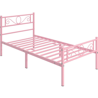 Costoffs Metal Platform Bed, Metal Bed Base, Metal Bed Frame with Scroll Design Headboard and Footboard, Mattress Foundation, Easy Assembly Bed, Bedroom Furniture, Metal-Framed Bed Base with Storage, Black/White/Pink