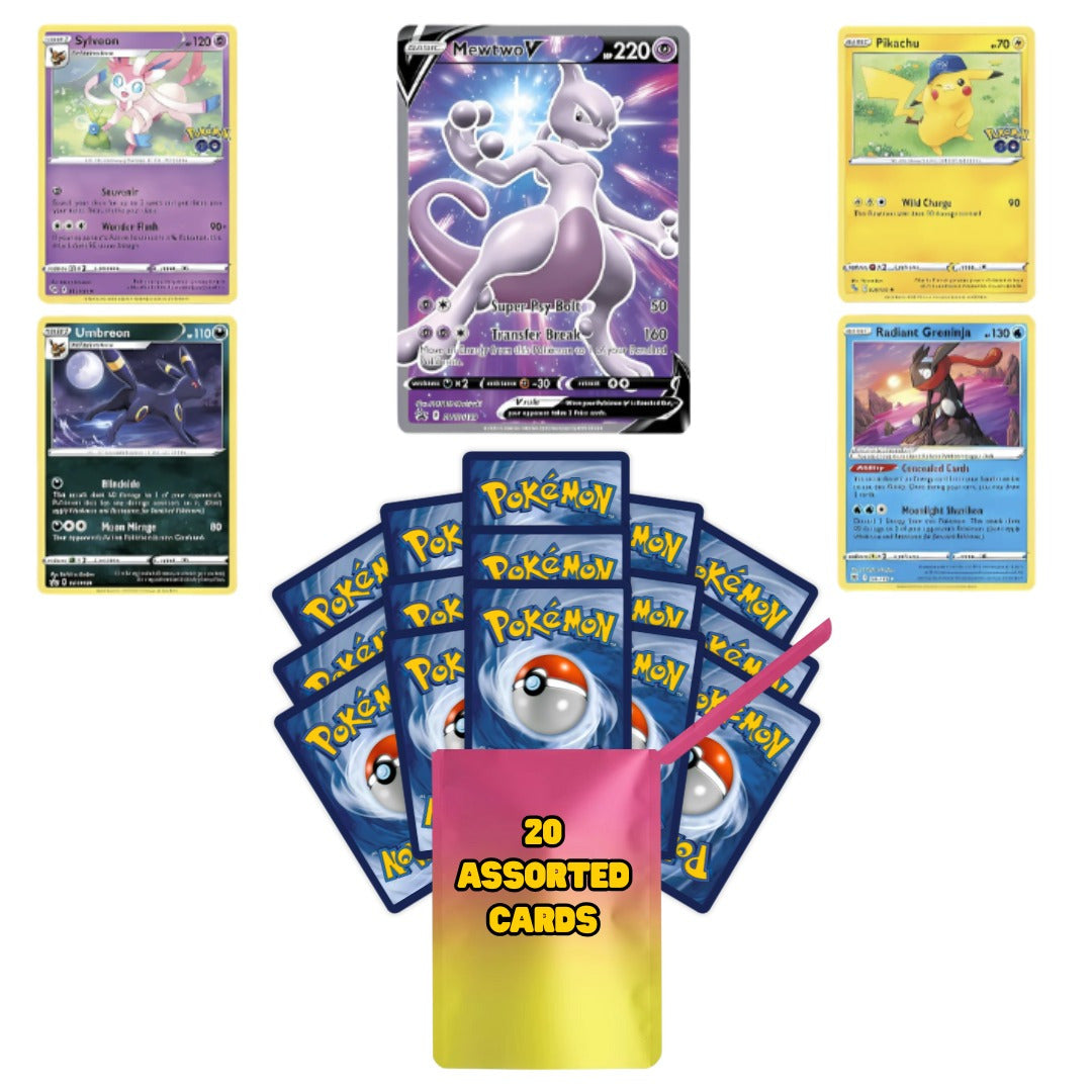 Genuine Pokémon Card Bundle, 20 Cards Including 4 Holo Rare Cards and 1 Ultra Rare EX, V, GX, VMAX, or VSTAR Card