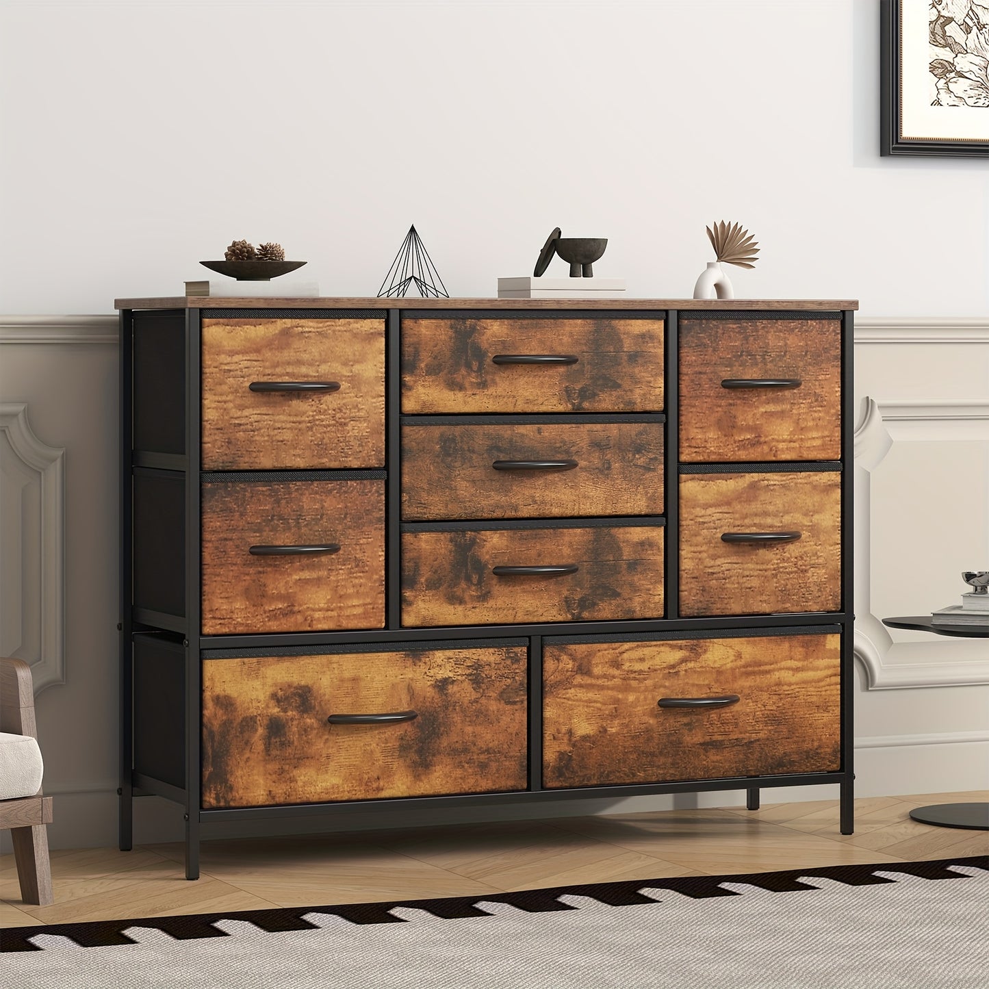 9-Drawer Dresser with Anti-Tip System & Adjustable Leveling Feet - Modern MDF Top Board & Metal Frame Storage Unit Suitable for Bedroom, Office, Living Room Organization - Assembly, Space-Saving Furniture