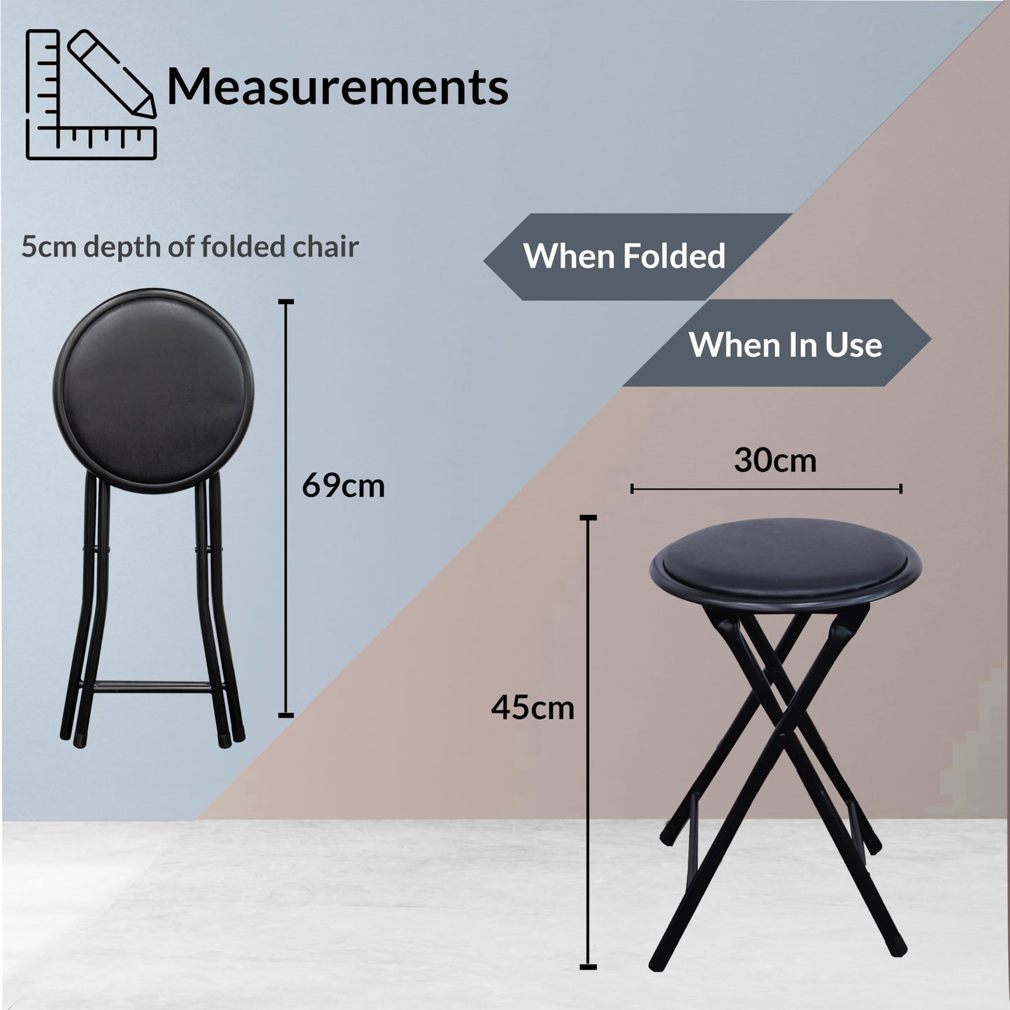 BLACK WHITE FOLDING STOOL ROUND FOLDABLE METAL SPACE SAVING STOOLS PADDED SEAT