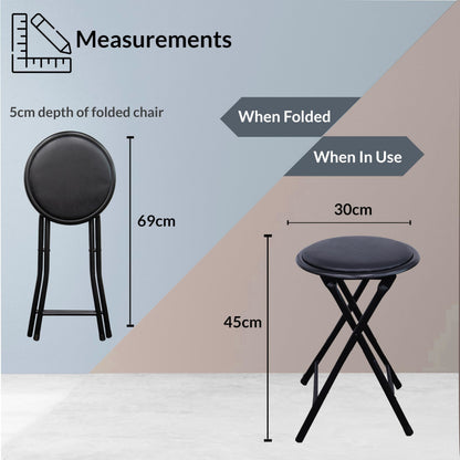 BLACK WHITE FOLDING STOOL ROUND FOLDABLE METAL SPACE SAVING STOOLS PADDED SEAT