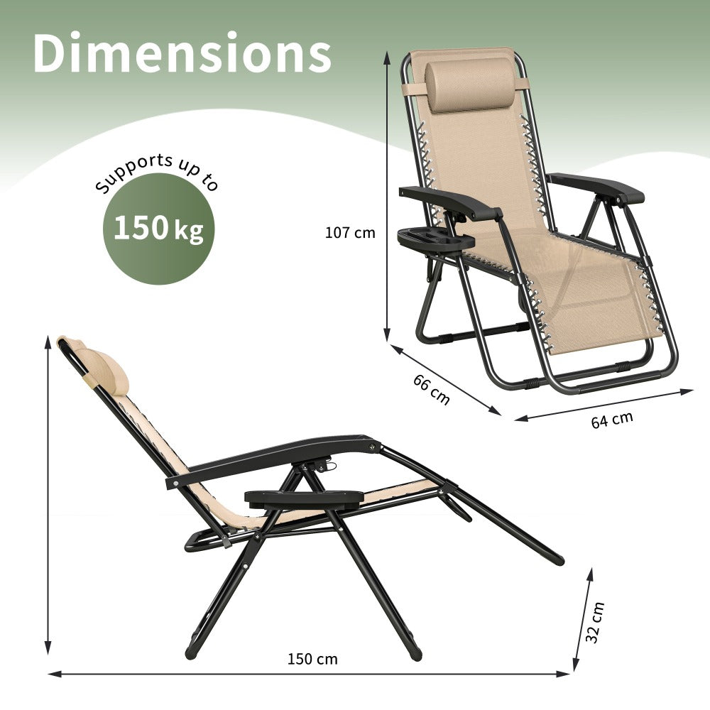 Zero Gravity Chair Foldable Reclining Outdoor Patio Lounge Chair with Padded Pillow Armrest Footrest Cup Holder Textilene Fabric Camping Garden Sunlounger Set of 1 or 2