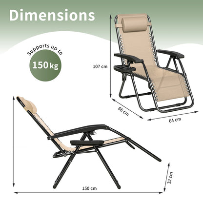Zero Gravity Chair Foldable Reclining Outdoor Patio Lounge Chair with Padded Pillow Armrest Footrest Cup Holder Textilene Fabric Camping Garden Sunlounger Set of 1 or 2