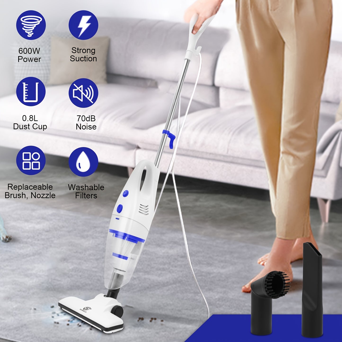 SUPERLEX 600W Vacuum Cleaner with Cable 4-in-1 Upright Bagless Vacuum, Hand-held Stick Vacuum Cleaner 16Kpa Suction with HEPA Filter for Animal Hair, Carpet, Floor