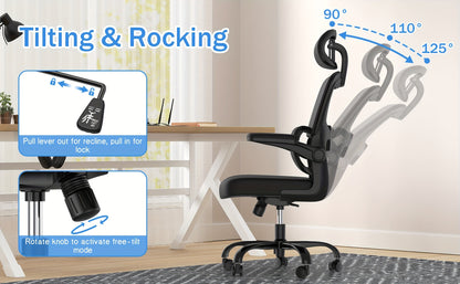 Ergonomic Mesh Office Chair with Adjustable Height, Flip-Up Armrests, Free-Tilt Mechanism & Split-Back Adjustment - Ideal for Home Office & Study Computing