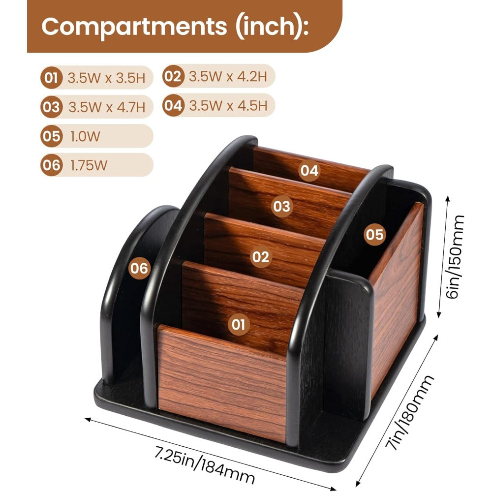 Rotating Remote Control Holder Multi Compartment Desktop Organizer for Pens, Pencils, Mail, and Office Supplies Tabletop Storage for Home or Office