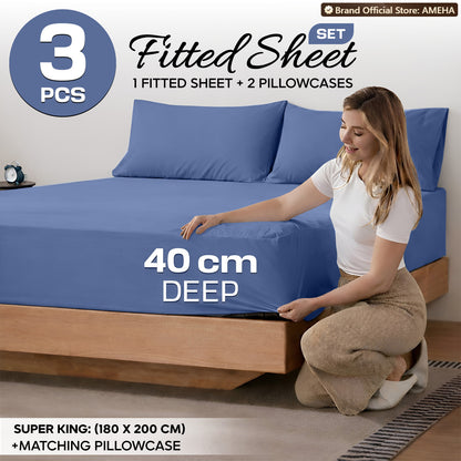 3pcs 40cm Extra Deep Fitted Sheet – Solid Color Soft & Comfortable Bed Sheet with 2pcs Matching Pillowcases, Breathable Fabric Soft Brushed Microfiber Bedding, Machine Washable for Home Bedroom, Hotel