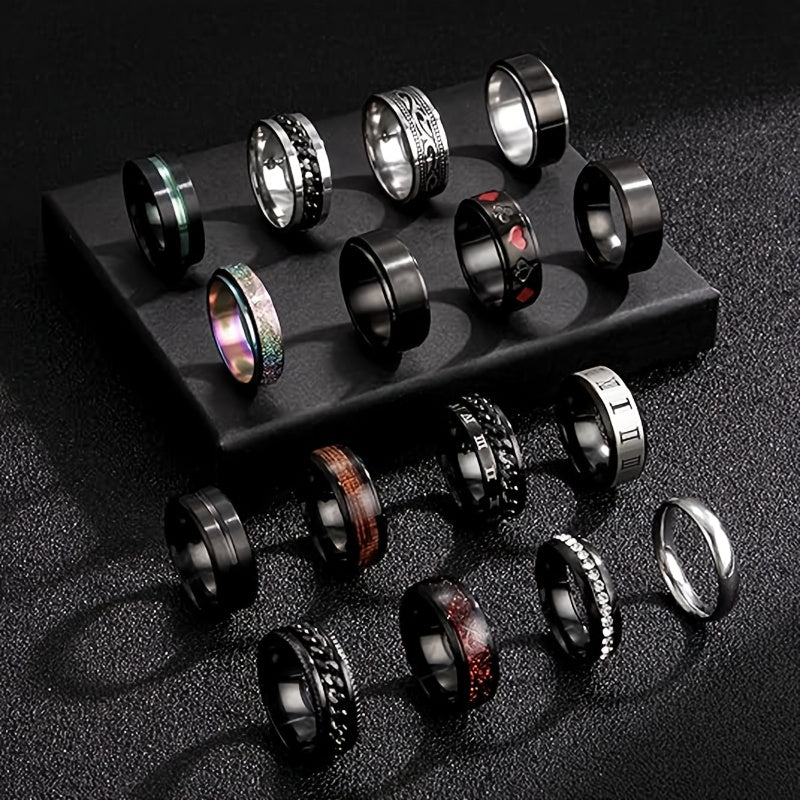 16pcs 201 Stainless Steel Men's & Women's Rotating Rings Suitable for Wedding, Engagement, Daily Wear - Black & Chain Style Matching Set, Affordable Gift for Him and Her