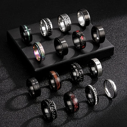 16pcs 201 Stainless Steel Men's & Women's Rotating Rings Suitable for Wedding, Engagement, Daily Wear - Black & Chain Style Matching Set, Affordable Gift for Him and Her