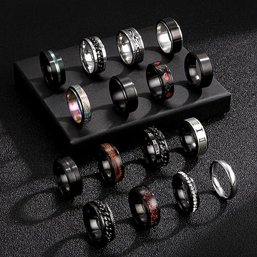 16pcs 201 Stainless Steel Men's & Women's Rotating Rings Suitable for Wedding, Engagement, Daily Wear - Black & Chain Style Matching Set, Affordable Gift for Him and Her