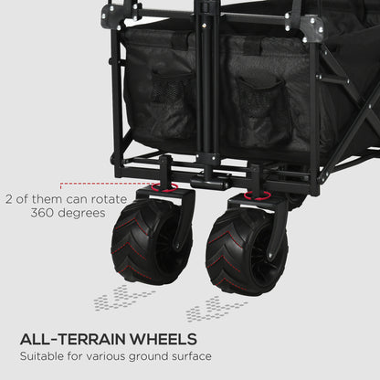 Folding Trolley Cart Storage Wagon Beach Trailer 4 Wheels with Handle Overhead Canopy Cart Push Pull For Shopping Camping, Spacious Design With Side Outer Pocket, Telescopic Pull Handle, Cup Holder, Steel Frame With 360° Rotating Wheels