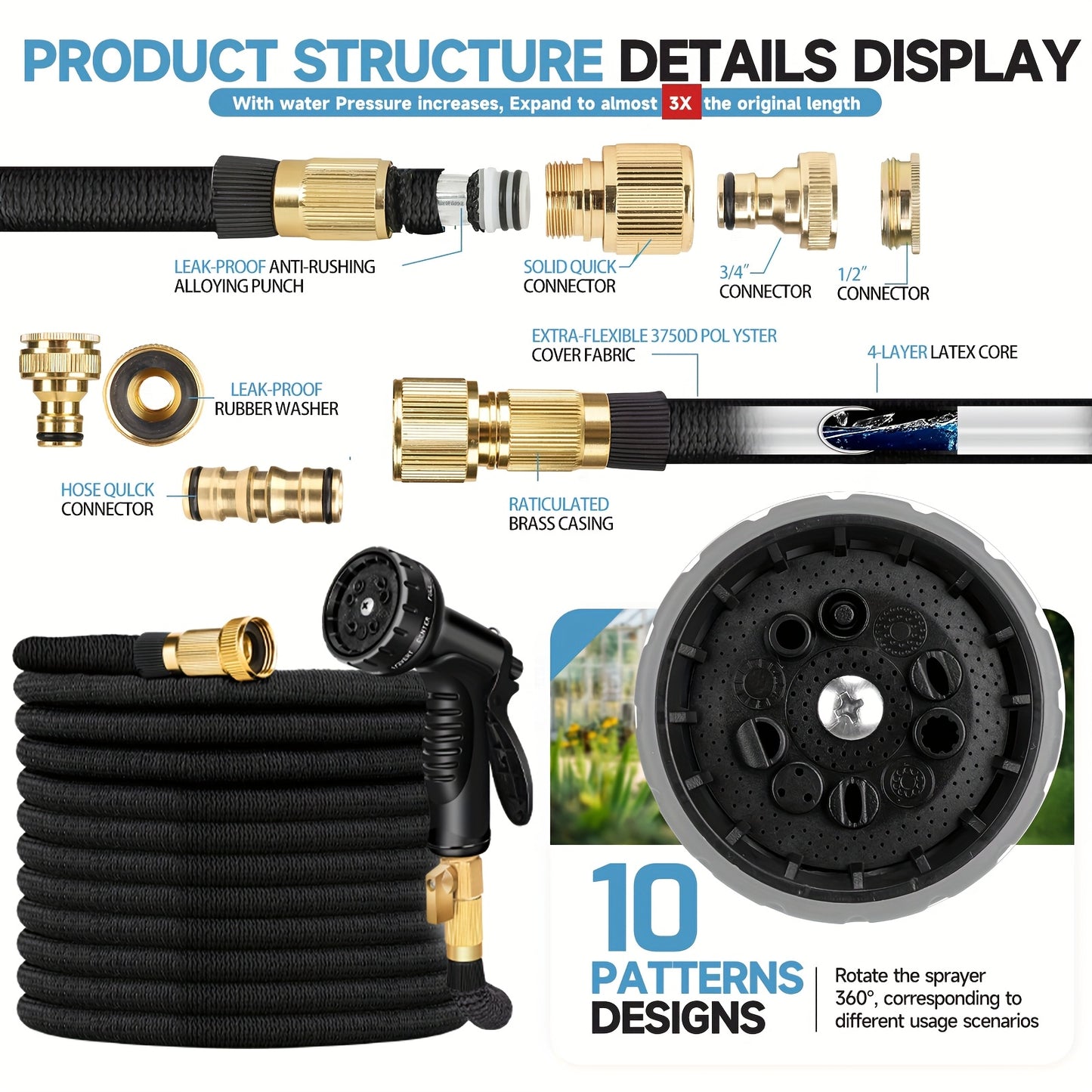 30.48meter 3X Expandable Watering Hose - 3X Flexible, High-Pressure, Kink-Resistant, Durable Cleaning Hose for Garden, Car Wash, And Watering Equipment - Easy to Store And Maneuver 7.62/15.24/22.86/30.48/45.72meter