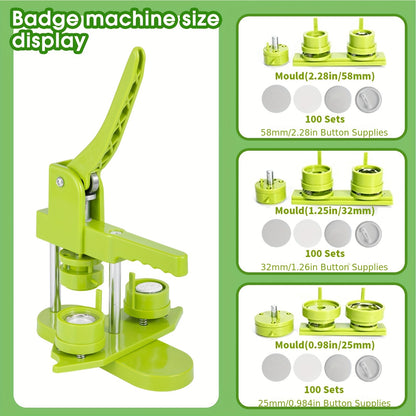 100pcs Badge Pin Button Maker Machine Kit with 100 Button Parts, Cutter & DIY Press - Heavy-Duty ABS Plastic, 25mm/32mm/58mm Sizes for Pins, Badges, Medals - Gift for Hobbyists, Promotions, Events (No Assembly