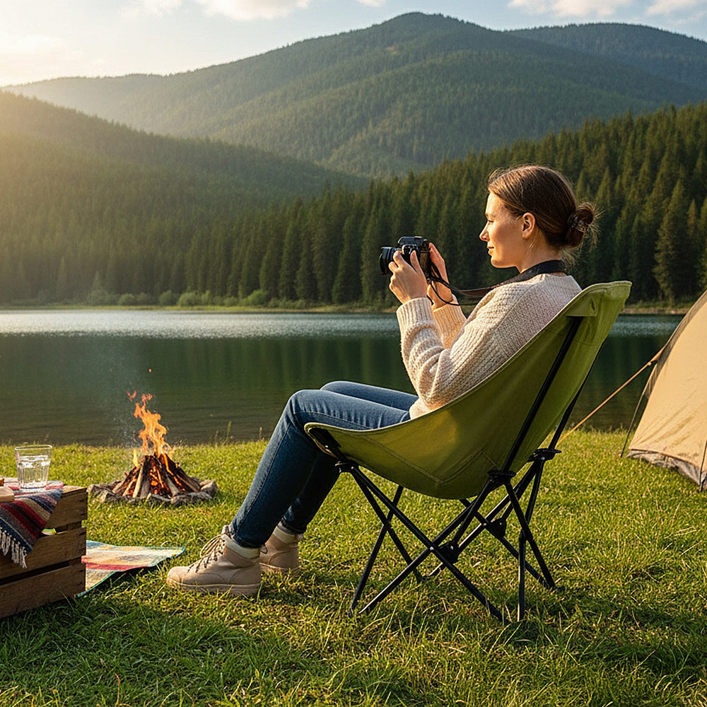 Portable High-Back Moon Chair (Three-Position Adjustment) Seat or Recline, Side Storage Pocket,Foldable Outdoor Chair Camping Picnic Lounger, Midday Rest Fishing Chair, Garden Seat Three Colours Available (Complimentary Storage Bag)