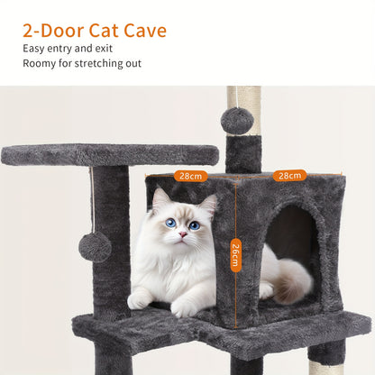 Cat Tree, 112 Cm Multi-Level Plush Cat Condo with 4 Scratching Posts, 2 Perches, Cave, Hammock, Pompoms, Light Grey