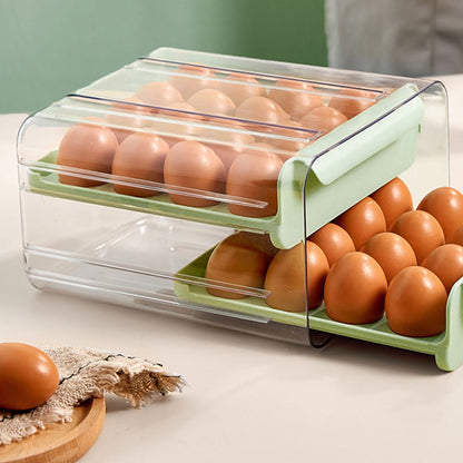 32-grid Double-layer Drawer Egg Box, Egg Storage Container Egg Holder, Plastic Egg Storage Box for Refrigeration, Light Green
