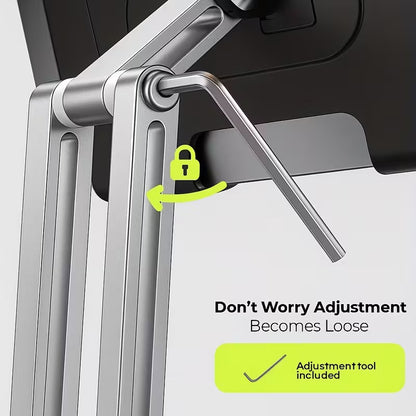 3-piece set (1 heavy-duty adjustable tablet stand+1 hex wrench+data cable storage bag) -360 ° rotating base, foldable design, all metal structure, ergonomic desktop stand, suitable for iPad, tablet, phone, and laptop, sturdy and stable, suitable for both