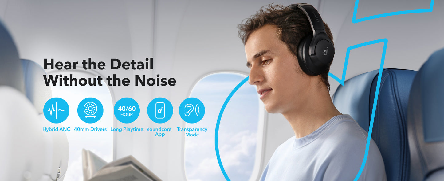 soundcore by Anker Q20i Hybrid Active Noise Cancelling Foldable Headphones, Wireless Over-Ear Bluetooth, 40H Long ANC Playtime, Hi-Res Audio, Big Bass, Customize via an App, Transparency Mode (Renewed)