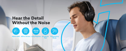 soundcore by Anker Q20i Hybrid Active Noise Cancelling Foldable Headphones, Wireless Over-Ear Bluetooth, 40H Long ANC Playtime, Hi-Res Audio, Big Bass, Customize via an App, Transparency Mode (Renewed)