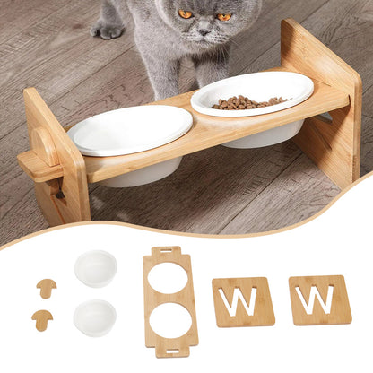 Raised Cat Bowl, Cat Bowls with Stand Tilted 15°, Adjustable Elevated Ceramic Cat Food Bowl for Cats and Small Dog, Adjustable Dog Bowl Stand - Raised Bamboo Stand with One, Two, or Three Ceramic Bowls for Feeding Small,Medium Sized Dogs, Cats,and Pets -