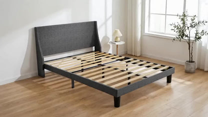 Upholstered Bed Frame, Soft Linen/Velvet Gray/Green, Double Sizes 4FT6, Modern Platform Bed Frame with Winged Headboard, Sturdy Wood Slat Support, No Box Spring Needed, Mattress Foundation