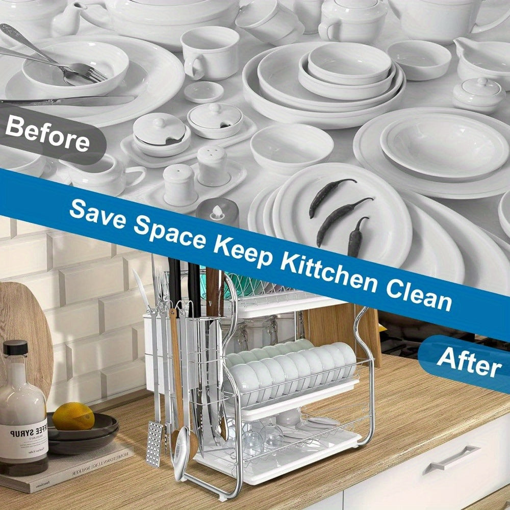 1pc 3 Tier Dish Rack with Cutlery Cup Plates Holder and Sink Draining Rack Tray - 3 Layer Drain Rack, Cutting Board Holder, and Household Tableware Storage Rack - Kitchen Accessories