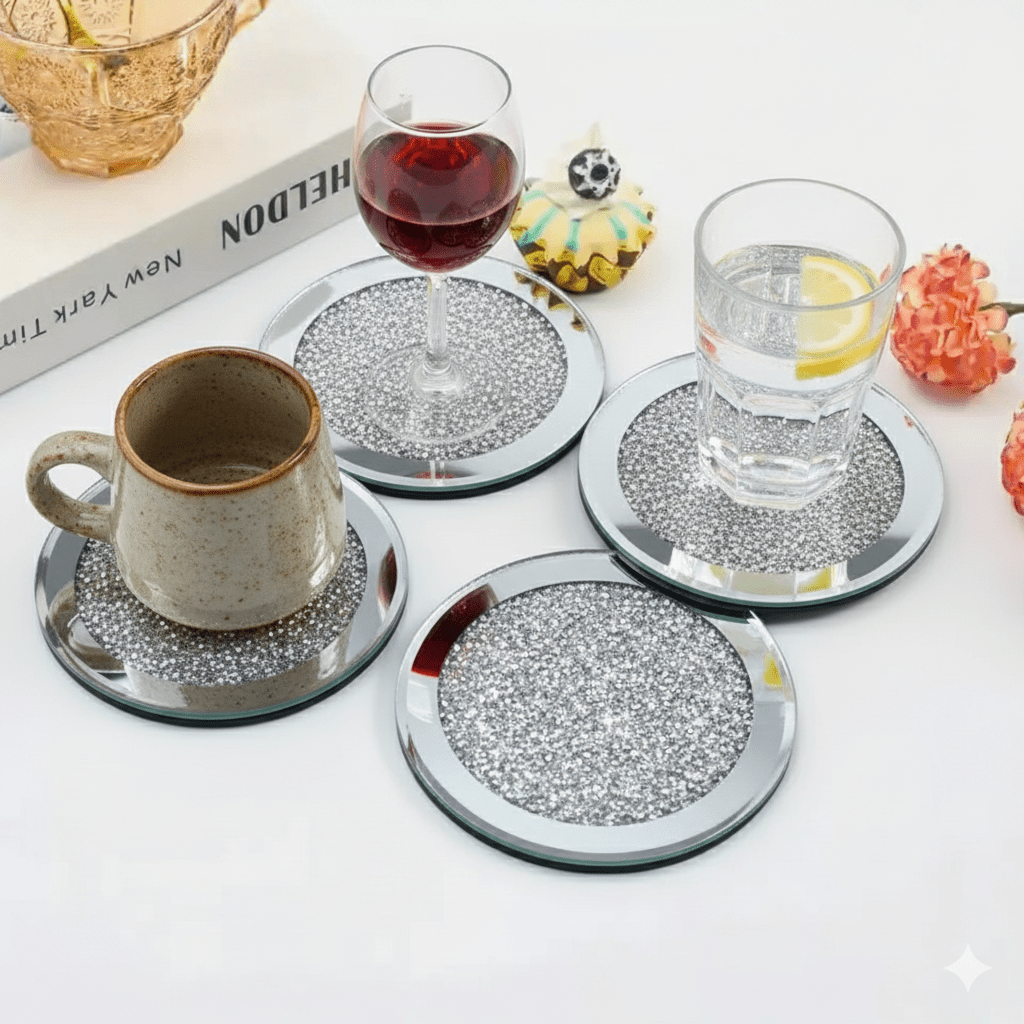 Serena's® Set of 4 Crystal Coasters – 10cm Glass Mirrored Drink Coasters with Glitter Crushed Diamond Design – Elegant Coasters for Home, Kitchen, Bar, or Table Decoration