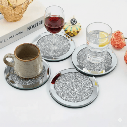 Serena's® Set of 4 Crystal Coasters – 10cm Glass Mirrored Drink Coasters with Glitter Crushed Diamond Design – Elegant Coasters for Home, Kitchen, Bar, or Table Decoration