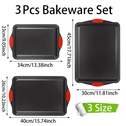 3pcs Heavy-Duty Carbon Steel Non Stick Baking Tray Set - Commercial Grade Oven Biscuit Baking Tray with Red Silicone Texture Anti Slip Layer, No Sharp Edges, Suitable for Home And Professional Kitchens, Ovens, Grills, Compatible with Various Baking Scenar