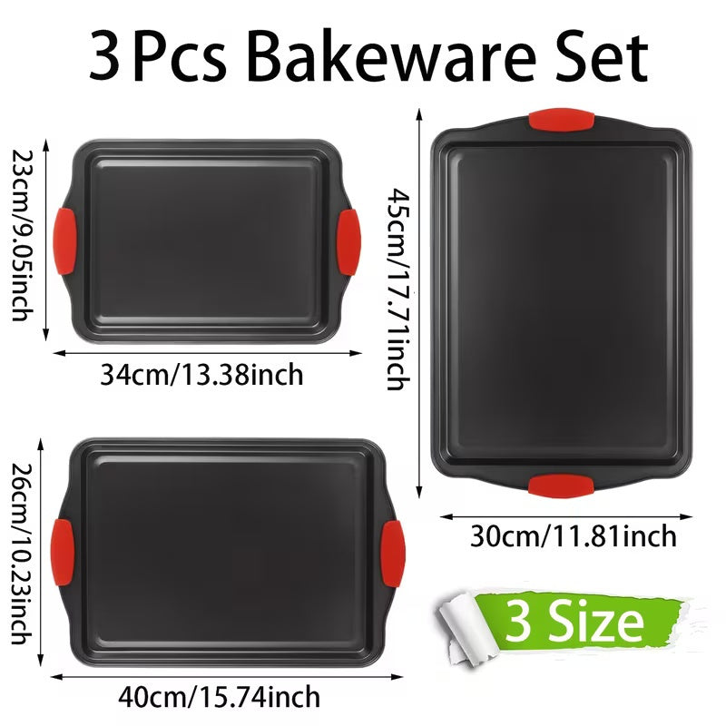 3pcs Heavy-Duty Carbon Steel Non Stick Baking Tray Set - Commercial Grade Oven Biscuit Baking Tray with Red Silicone Texture Anti Slip Layer, No Sharp Edges, Suitable for Home And Professional Kitchens, Ovens, Grills, Compatible with Various Baking Scenar
