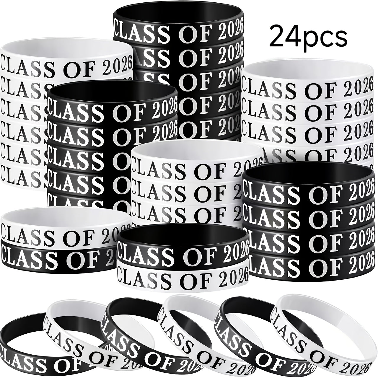 24pcs Class of 2026 Graduation Silicone Wristband, Graduation Wristband 2026 Graduation Celebration Wristband, Graduation Party Souvenir Set Suitable for Graduation Party Commemorative Gifts (Black, White)