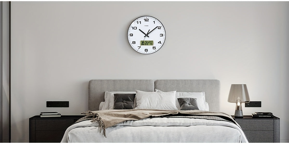 TIMESS Calendar Display Analog Wall Clock, 12/14 Inch 2-color Large Dial Silent, Can Display Perpetual Calendar And Fahrenheit Temperature, Bedroom, Office, School Decoration