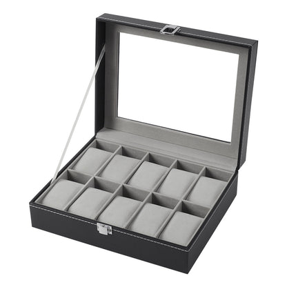 Watch Box for Men, 10 Slot Watch Case With Removable Watch Pillows, Watch Display Box with Glass Lid, Large Watch Holder for Jewelry and Watch Storage for Men Women, Ideal for Christmas Gift