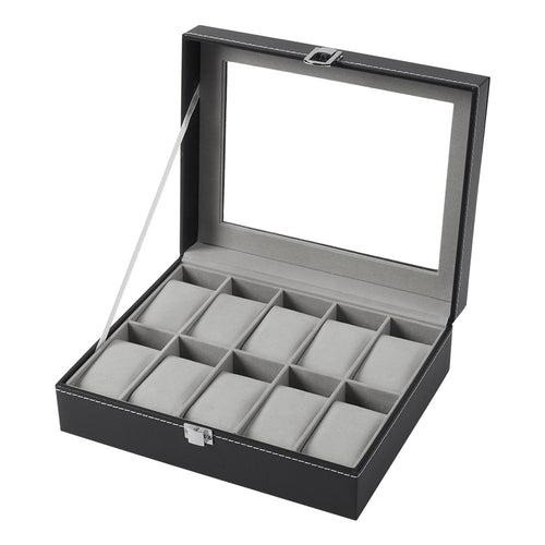 Watch Box for Men, 10 Slot Watch Case With Removable Watch Pillows, Watch Display Box with Glass Lid, Large Watch Holder for Jewelry and Watch Storage for Men Women, Ideal for Christmas Gift