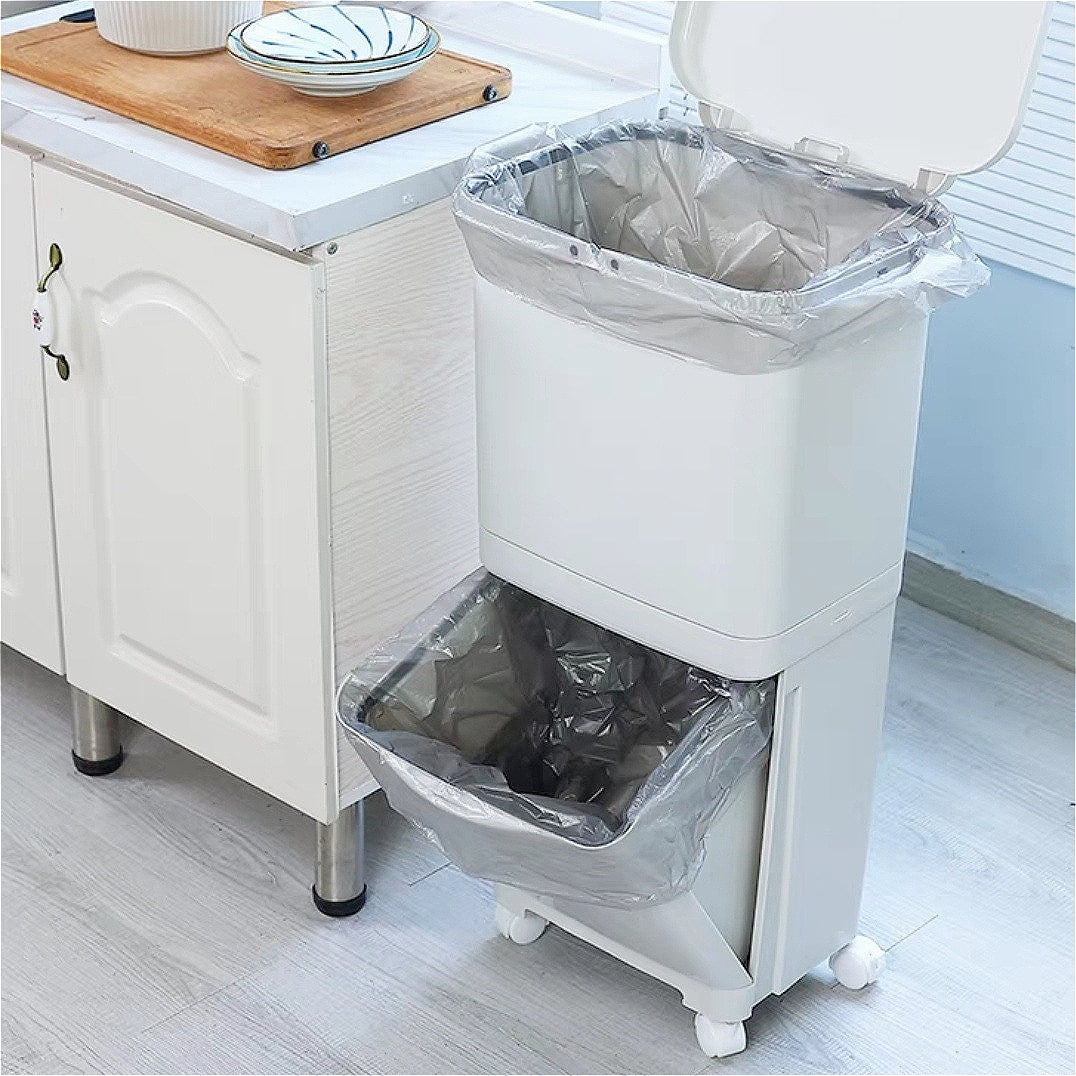 Large Capacity 38L Rolling Office Trash Bin, Dual Compartment Waste Bin for Wet & Dry Separation, Mobile Office & Living Room Rubbish Bin, Sturdy Plastic, local warehouse