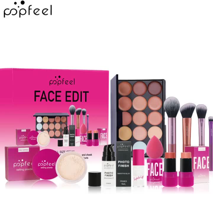 POPFEEL Full Face Makeup Kit, includes facial editing palette - waterproof, sweatproof, long-lasting full coverage, 12-in-1 multi-functional palette containing primer, foundation, concealer, setting powder, blush, contour, highlighter, bronzer, eyeshadow,
