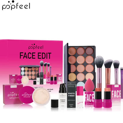 POPFEEL Full Face Makeup Kit, includes facial editing palette - waterproof, sweatproof, long-lasting full coverage, 12-in-1 multi-functional palette containing primer, foundation, concealer, setting powder, blush, contour, highlighter, bronzer, eyeshadow,