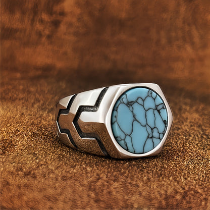 Middle East Titanium Stainless Steel Steel Retro Faux Gemstone Turquoise Stainless Steel Ring, Durable Anti-allergy Men's Fashion Jewelry Anniversary or Birthday Gift Suitable for Daily Wear