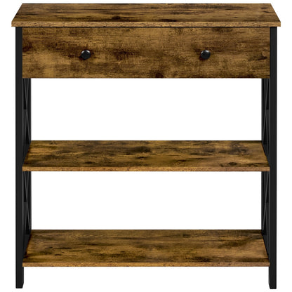 Costoffs Vintage Console Table with 1 Drawer and 2 Open Shelves, Versatile Sofa Table Modern Hallway Table X-Shaped Metal Frame Design for Living Room/Bedroom/Study/Kitchen/Hallways, Rustic Brown